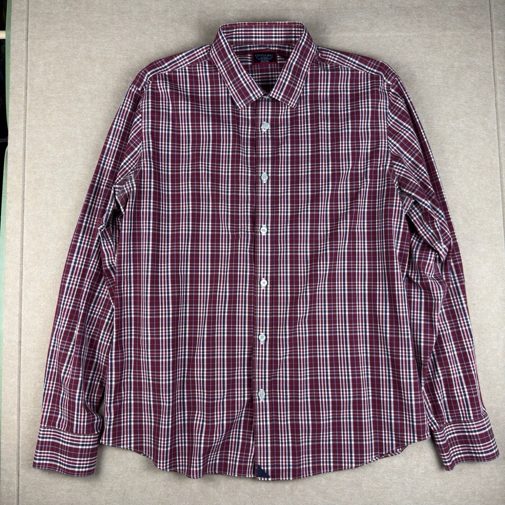UNTUCKit Shirt Men’s XL Red Blue White Plaid Slim Fit Wrinkle-Free Long Sleeves